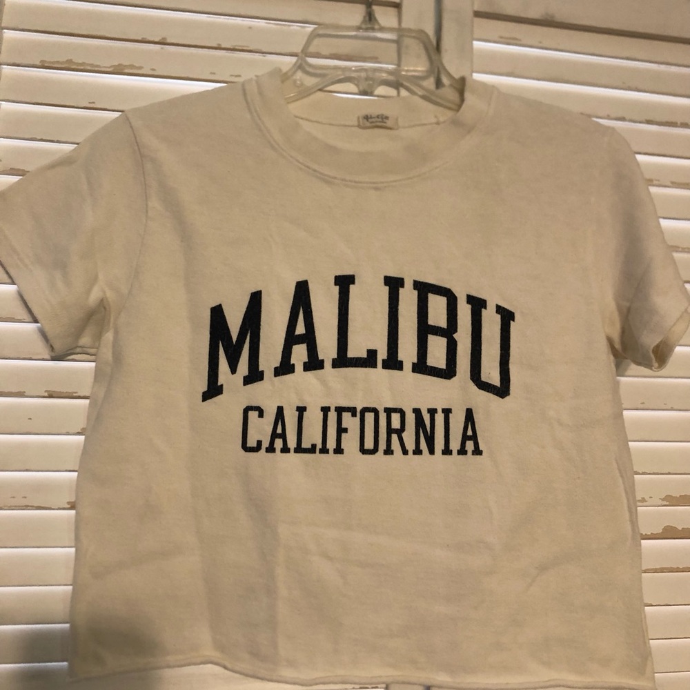 Malibu California T-Shirt off white 100% Cotton Crop Top Small EUC
